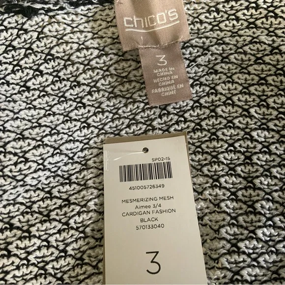 Chico’s Mesmerizing Mesh Aimee 3/4 Cardigan Fashion Black. Size 3. (NWT). - Picture 3 of 6